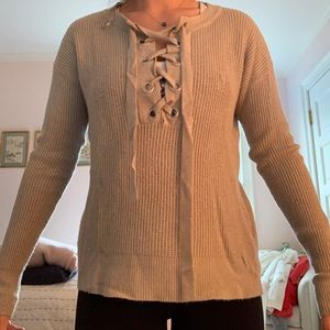 Love stitch lace-up waffle knit sweater size S